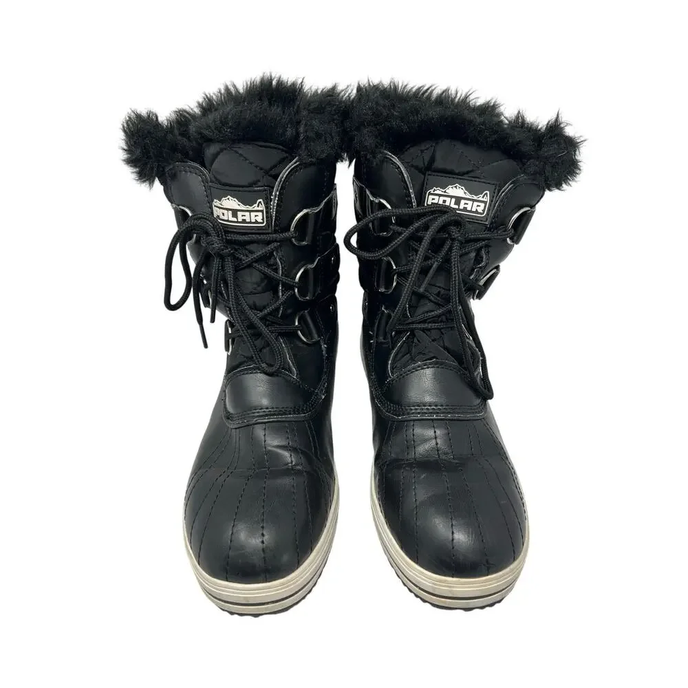 Women’s POLAR Black Faux Fur Trim Quilted Snow Winter Rain Waterproof Boots 11